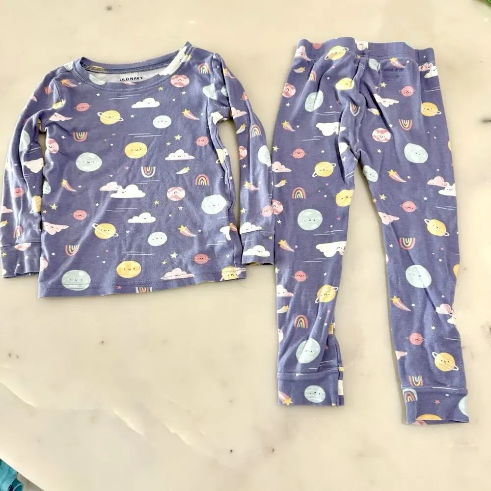Old Navy Purple Gender Neutral Star Planet Rainbow Cloud Long Pajama Set Size 4T